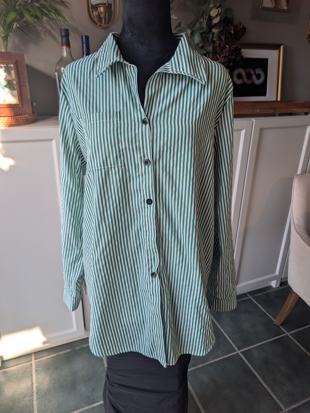 Striped Green Button Front Women’s Shirt